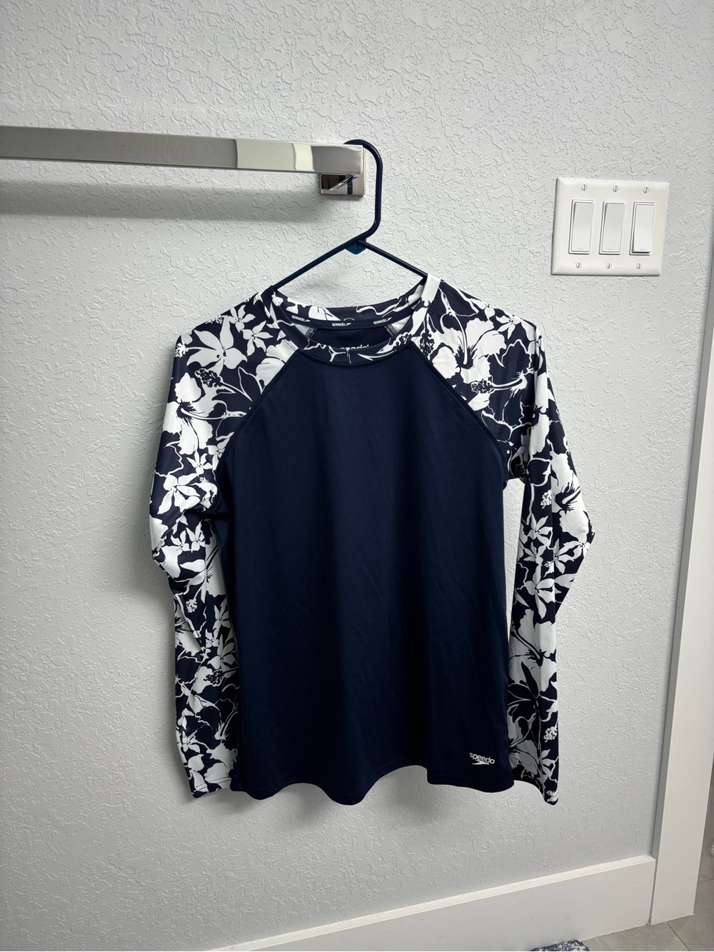 Speedo Navy Long-Sleeve Swim Tee with White Floral Sleeves